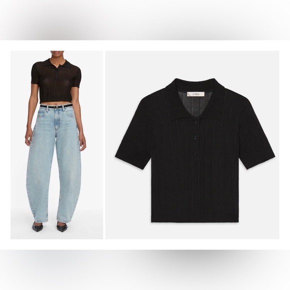 Frame Denim Tops - FRAME Ribbed Fine Knit Black Polo Cardigan Sweater Top